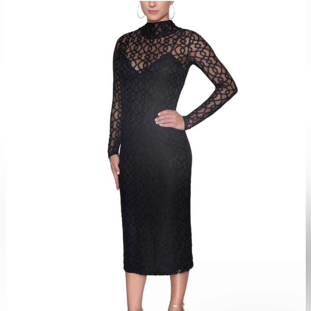 RACHEL Rachel Roy Black Lace Midi Dress with Long Sleeves and mock neck